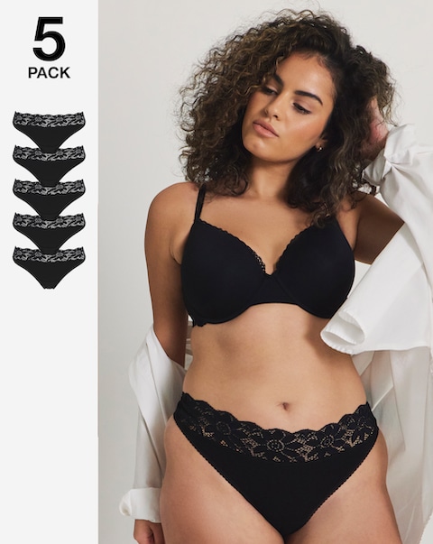 Pretty Secrets (5 Pack) Lace Top Thong Knickers Black