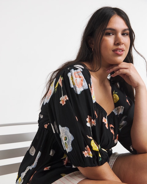 Multi Print Shirred Detail Peplum Top