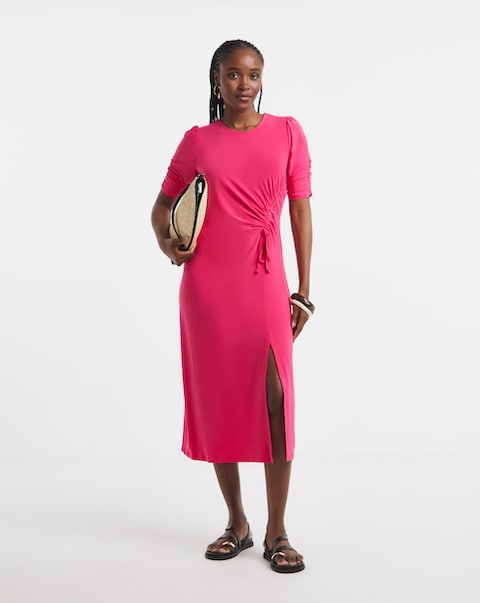Pink Ruched Sleeve Midi Dress