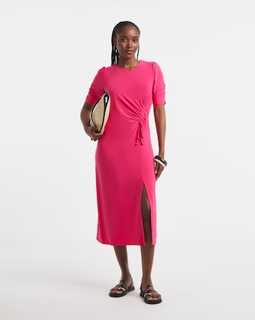 Pink Ruched Sleeve Midi Dress