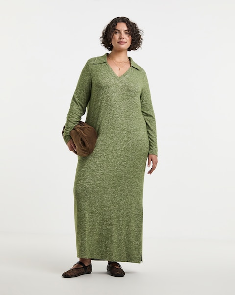 Cosy Khaki Marl Collared Maxi Column Dress