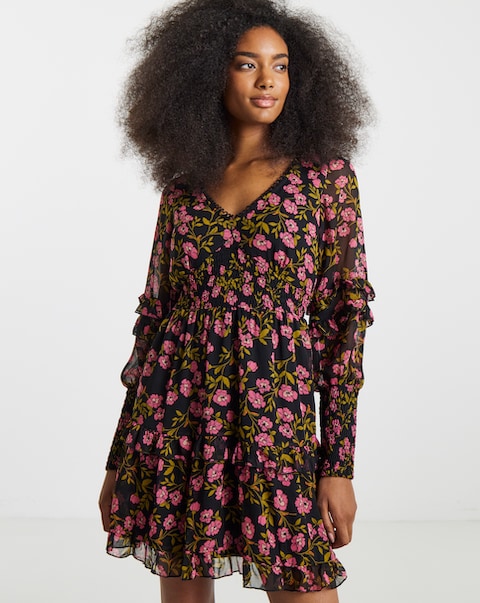 Black Floral Shirred Cuff Sleeve Skater Dress