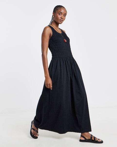 Black Shirred Jersey Midi Dress