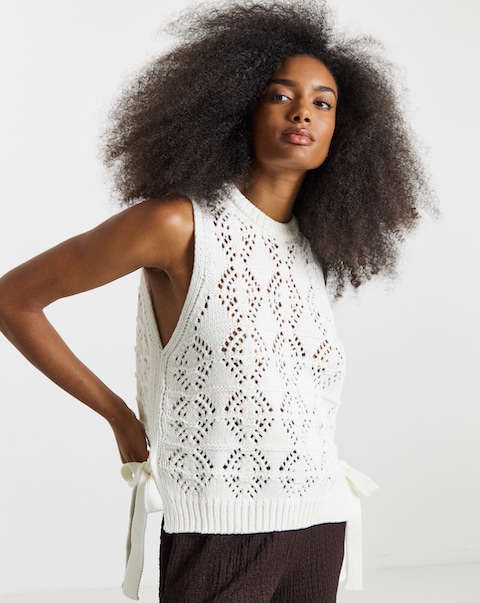 Cream Cotton Tie Side Knitted Tank Top