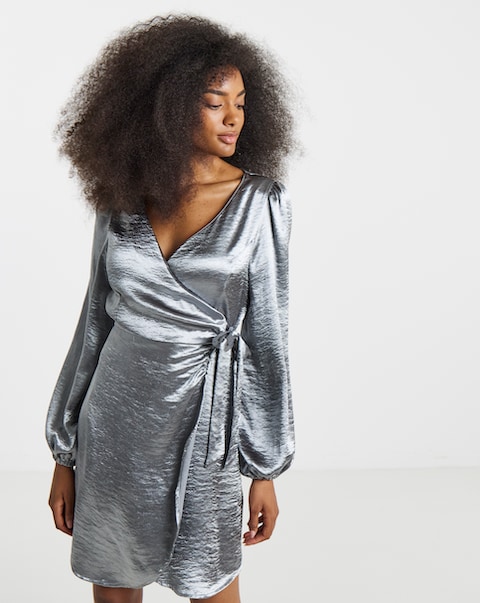 Grey Satin Tie Front Long Sleeve Dress
