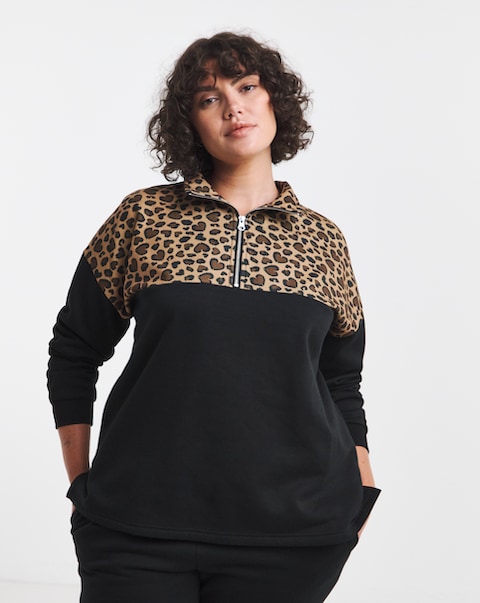 Simply Be Black Leopard Print Half Zip Sweatshirt