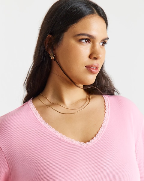 Simply Be Pink Rib V Neck Lace Trim T-Shirt