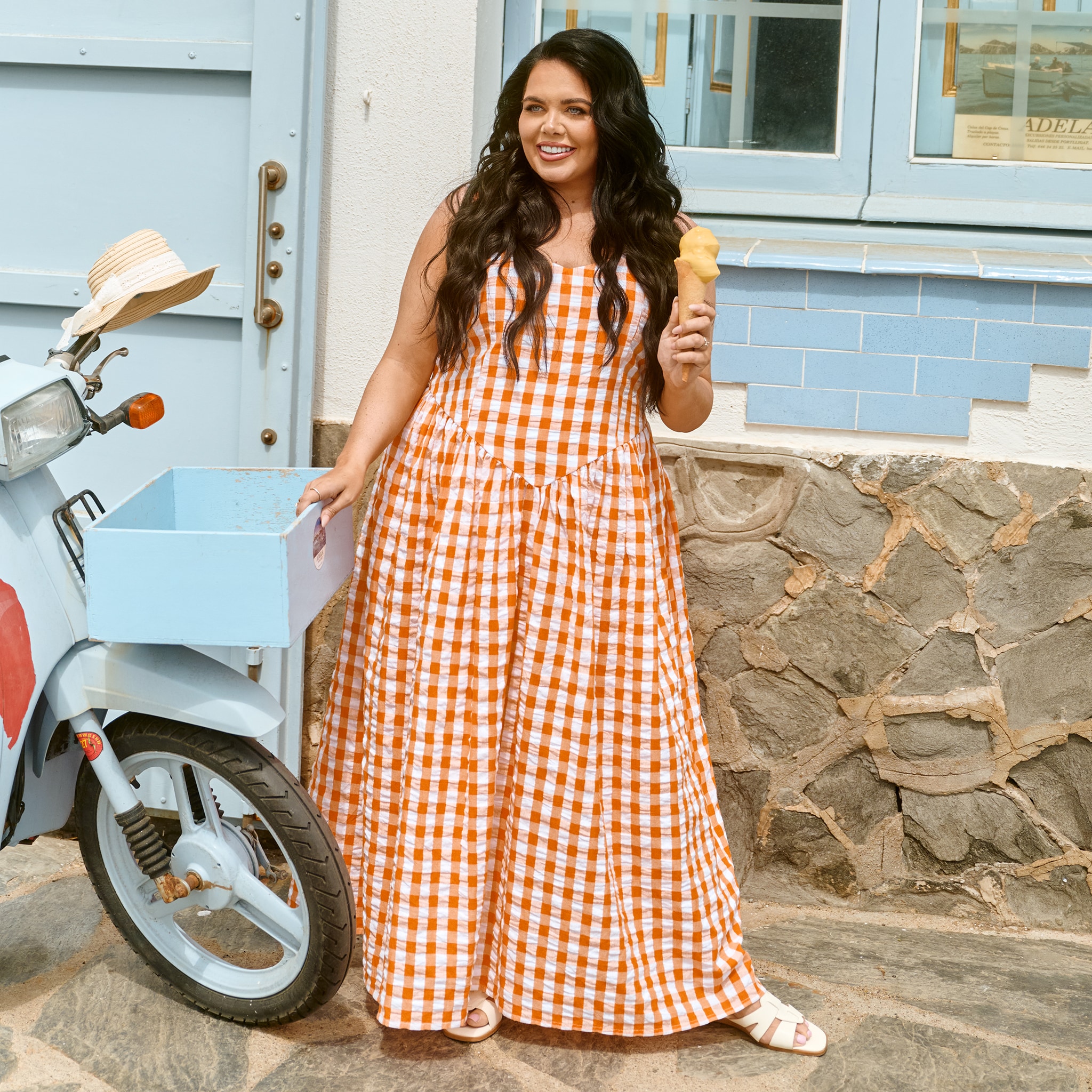 Scarlett Moffatt wears gingham maxi dress