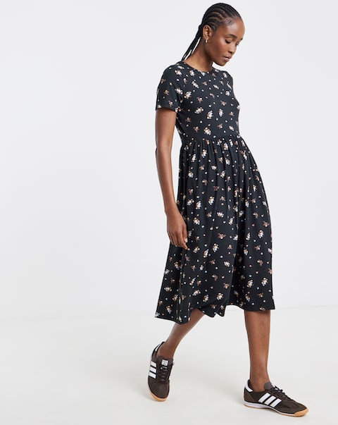 Black Ditsy Print Jersey Midi Dress With Pockets