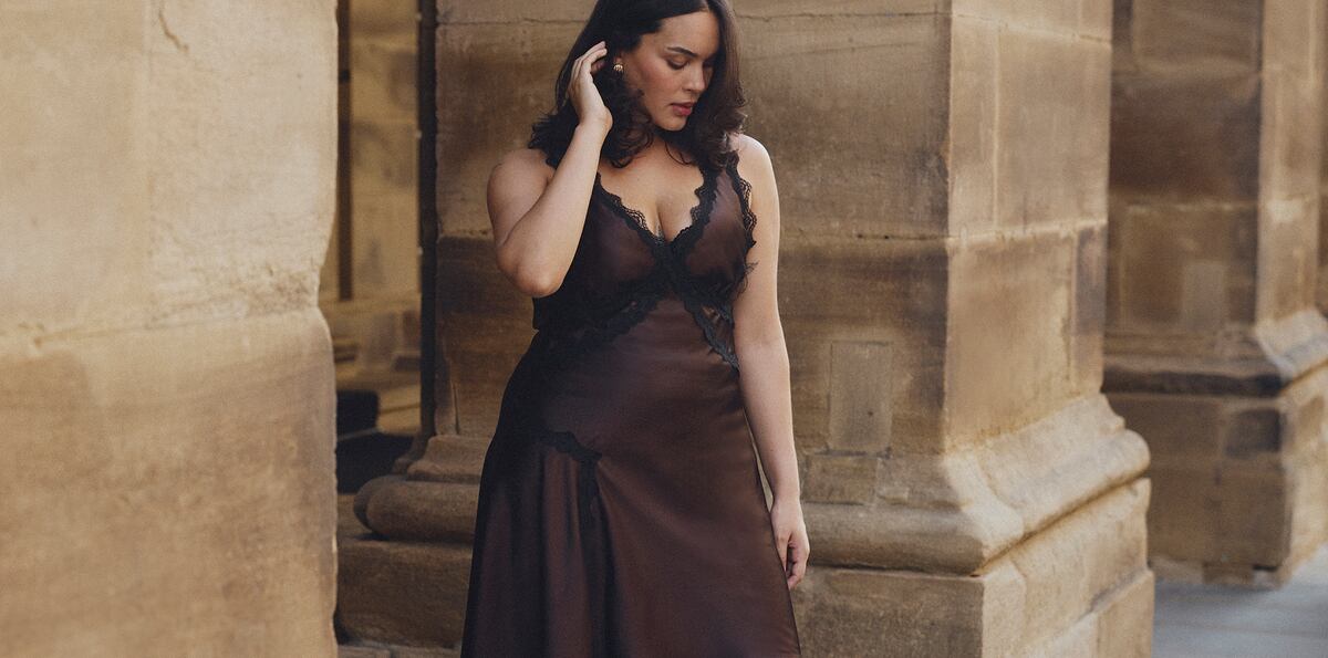 Model wears new season dress in brown