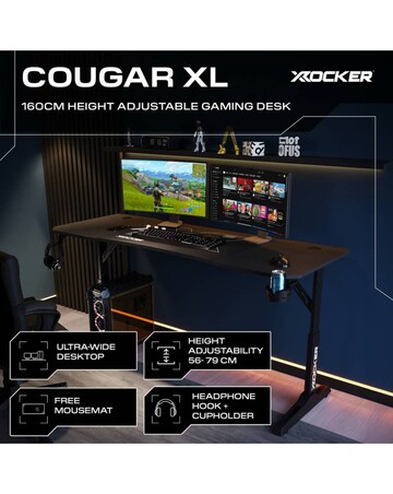 X Rocker Cougar XL 160cm Height Adjustable Gaming Desk with Mousepad - Black
