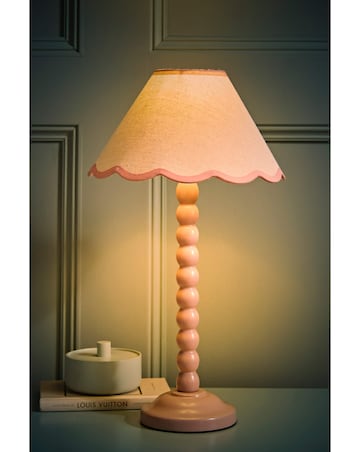 ValueLights Bobbles Rose Pink Bobbin Table Lamp with Pink Trim Scallop Shade
