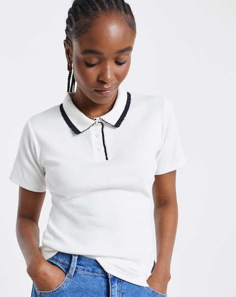 Simply Be Cream Short Sleeve Rib Polo Top with Black Tipping