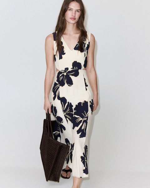 Mango Floral Print Cut-Out Dress