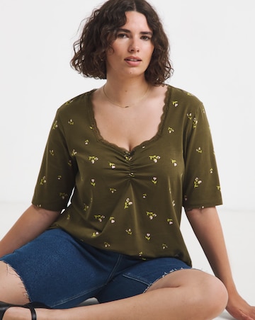 Simply Be Olive Ditsy Floral Short Sleeve Square Neck Rib Top