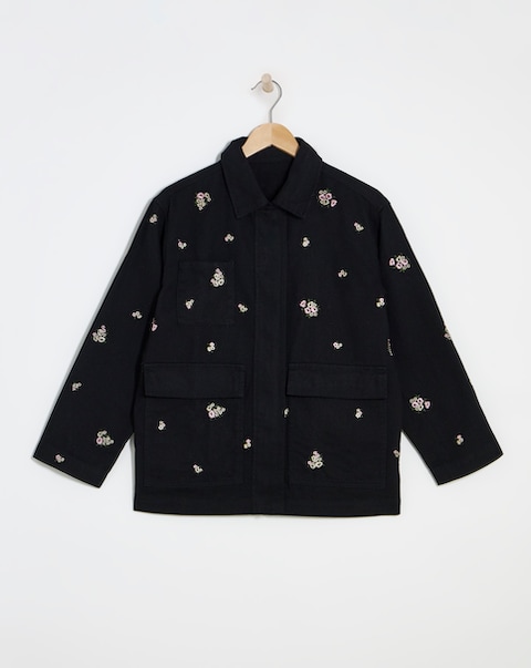 Simply Be Washed Black Floral Embroidered Utility Shacket