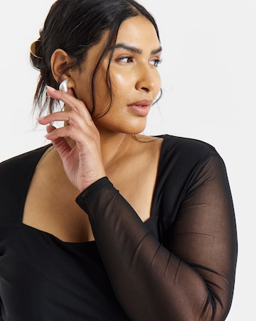 Simply Be Black Mesh Square Neck Long Sleeve Top