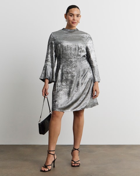 Joanna Hope Silver Foil Fluted Sleeve Dress