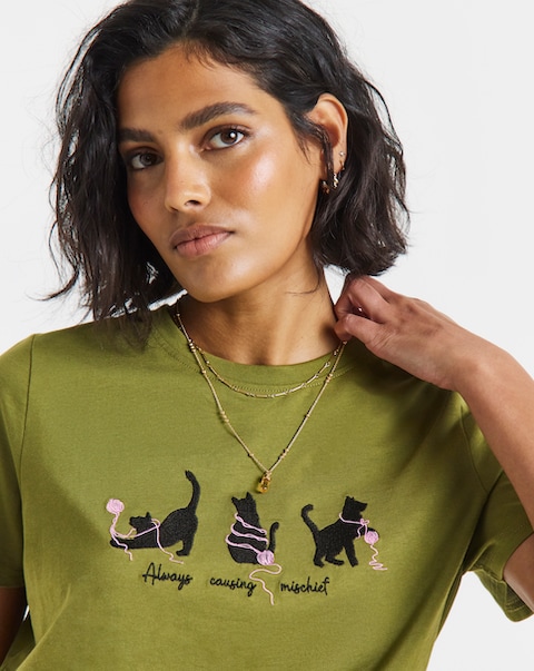 Simply Be Olive Cat Placement Embroidery Short Sleeve T-Shirt