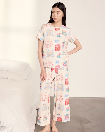 Chelsea Peers Cotton Crew Neck T-Shirt & Capri Bottoms Tea Party Print