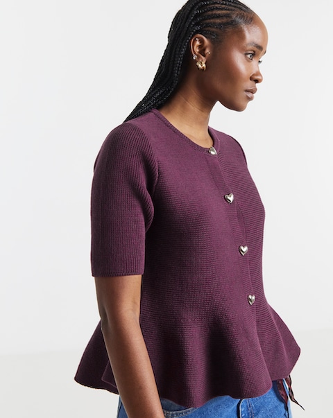 Plum Short Sleeve Peplum Cardigan