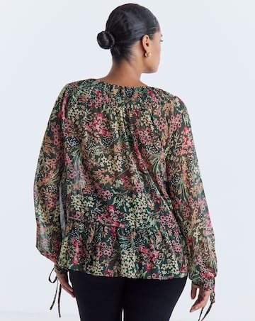 Simply Be Green Ditsy Print Shirred Neckline Long Sleeve Blouse