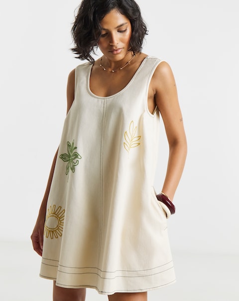 Native Youth Cotton Twill Swing Mini Dress With Cross Stitch Embroidery