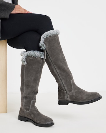 Chloe Suede Faux Fur Lined Flat Knee High Boots - Wide Fit (E) & Curvy Calf