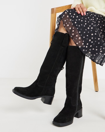 Winnie Suede Low Block Heel Knee High Boots - Wide Fit (E) & Curvy Calf
