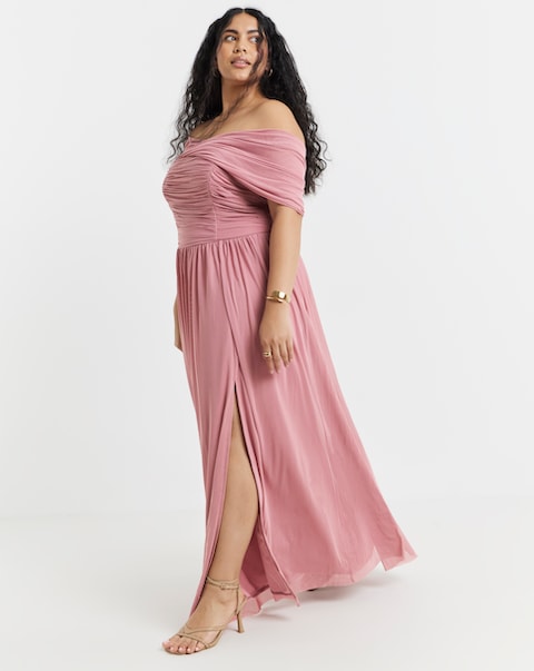 Little Mistress Bardot Split Front Maxi Occasion Dress