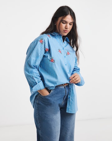 Blue Stripe Embroidered Oversized Shirt