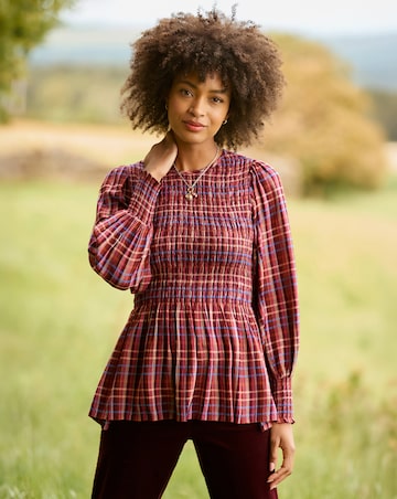 Joe Browns Matilda Checked Blouse With Sheered Body And Balloon Sleeve