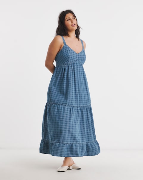 Blue Gingham Sleeveless Denim Midaxi Dress