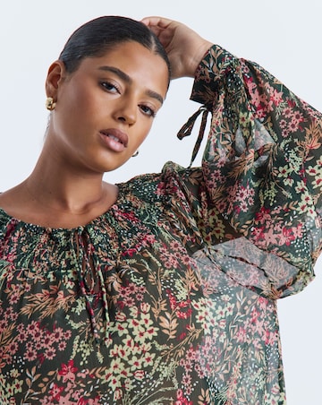 Simply Be Green Ditsy Print Shirred Neckline Long Sleeve Blouse