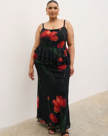Pretty Lavish Rosie Peplum Ruffle Poppy Placement Maxi Dress