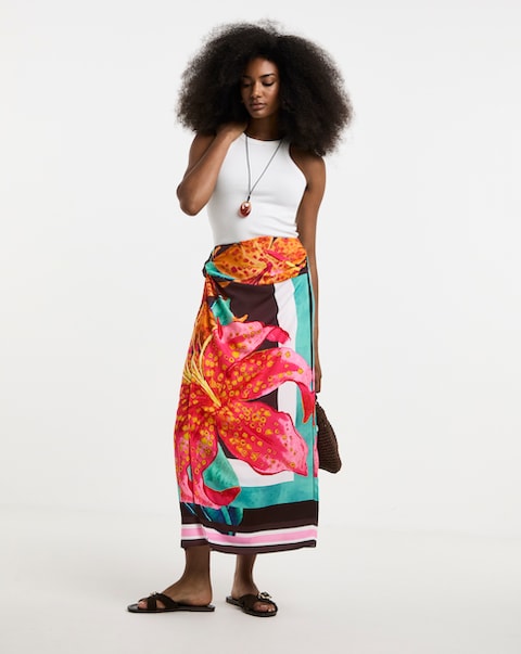 Floral Print Midi Wrap Skirt