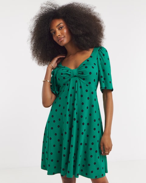 Green Spot Print Jersey  Knot Front Skater Dress