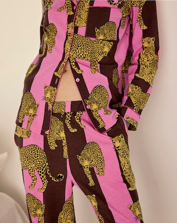 Chelsea Peers Classic Cotton Long Sleeve Button Up Stripe Leopard Pyjama Set