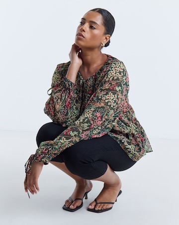 Simply Be Green Ditsy Print Shirred Neckline Long Sleeve Blouse