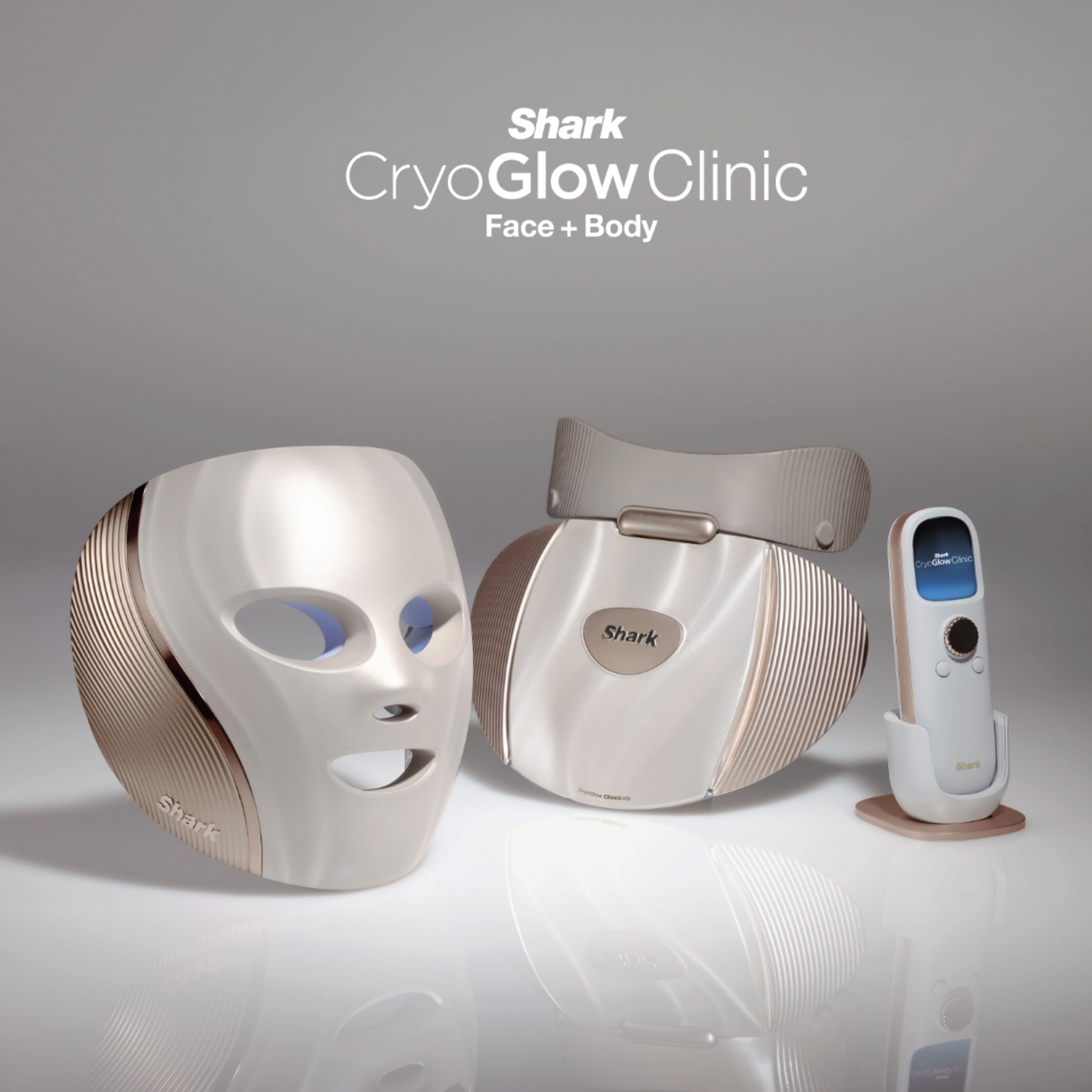 Shark CryoGlow Clinic Face + Body skincare devices on a reflective surface.