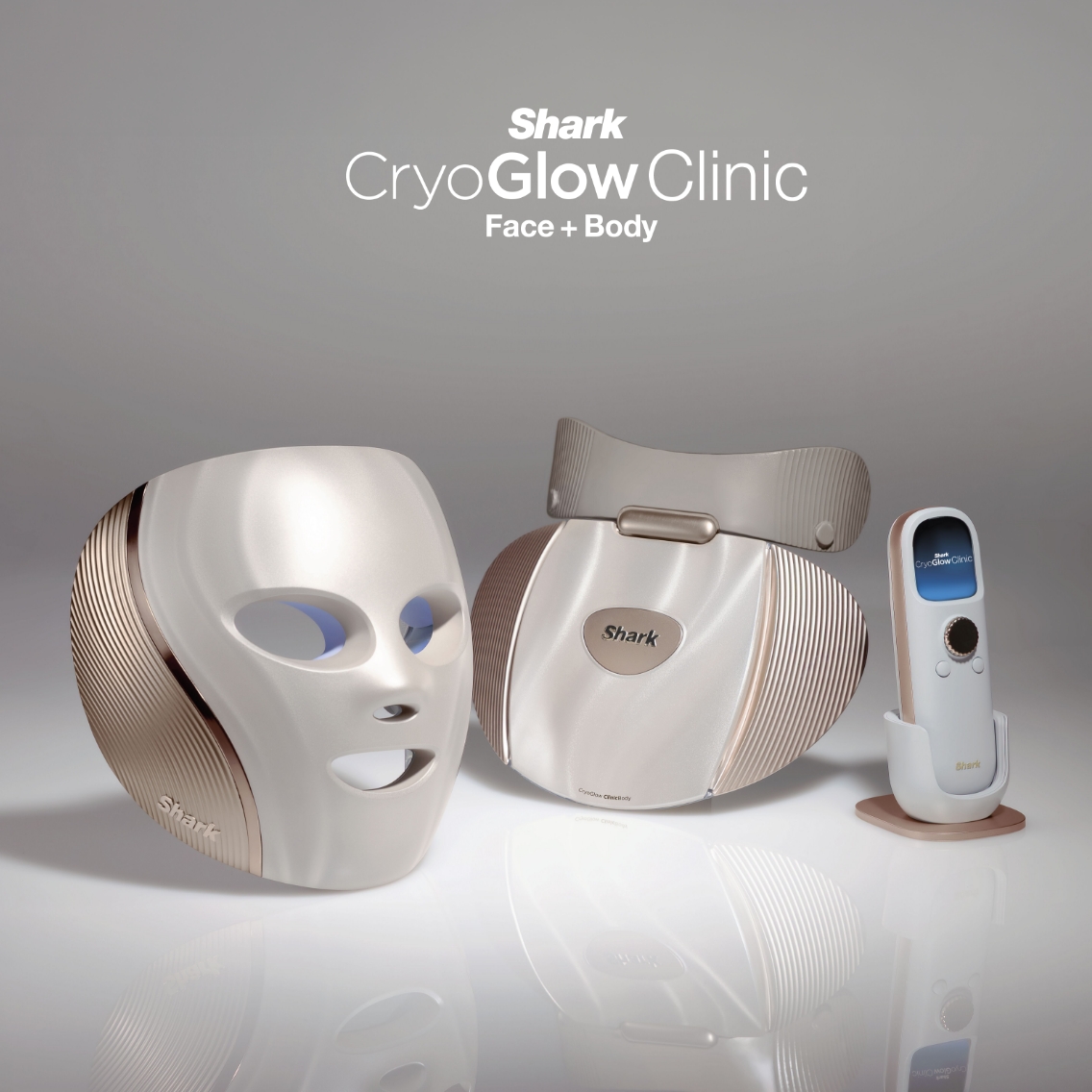 Shark CryoGlow Clinic Face + Body skincare devices on a reflective surface.