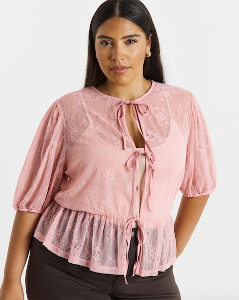 Simply Be Dusty Pink Lace Tie Front Top