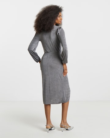 Silver Grey Slinky Wrap Front Midi Dress
