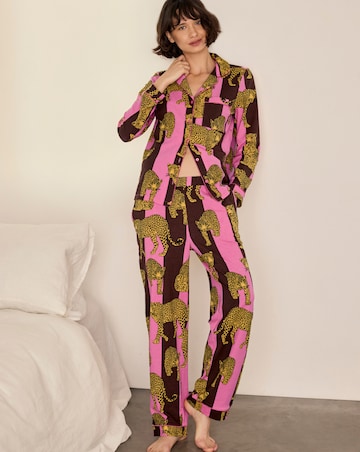 Chelsea Peers Classic Cotton Long Sleeve Button Up Stripe Leopard Pyjama Set