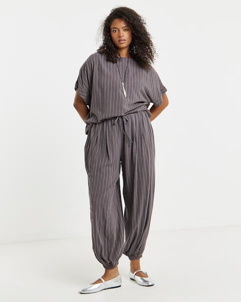 Simply Be Grey Pinstripe Co-Ord Tie Waist Balloon Trouser