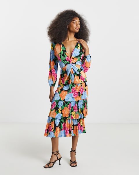 Floral Print Tiered Plisse Midi Dress