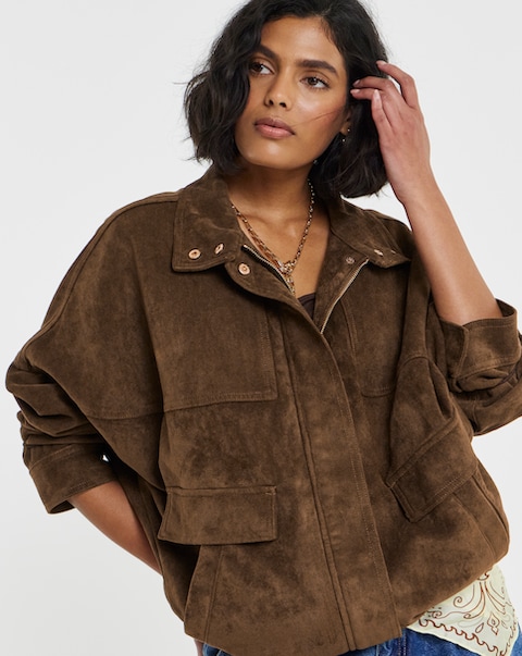 Simply Be Tobacco Funnel Neck Batwing Suedette Jacket