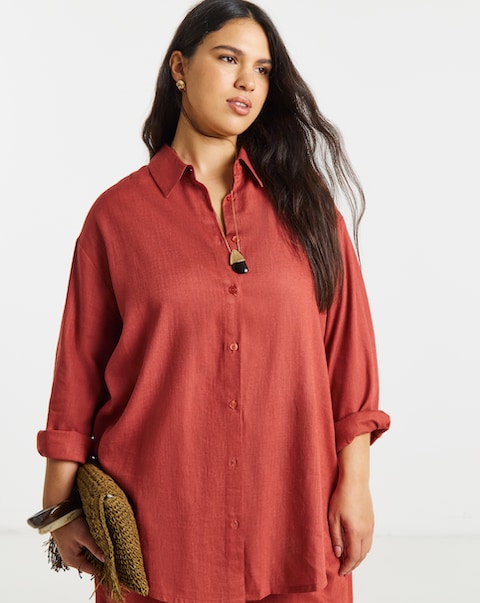 Rust Linen Gathered Sleeve Boxy Shirt