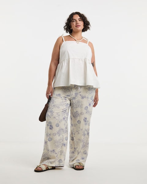 Simply Be Ivory Floral Print Tie Waist Linen Mix Wide Leg Trousers