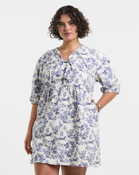 Simply Be Blue Mix Floral Tie Front Denim Dress